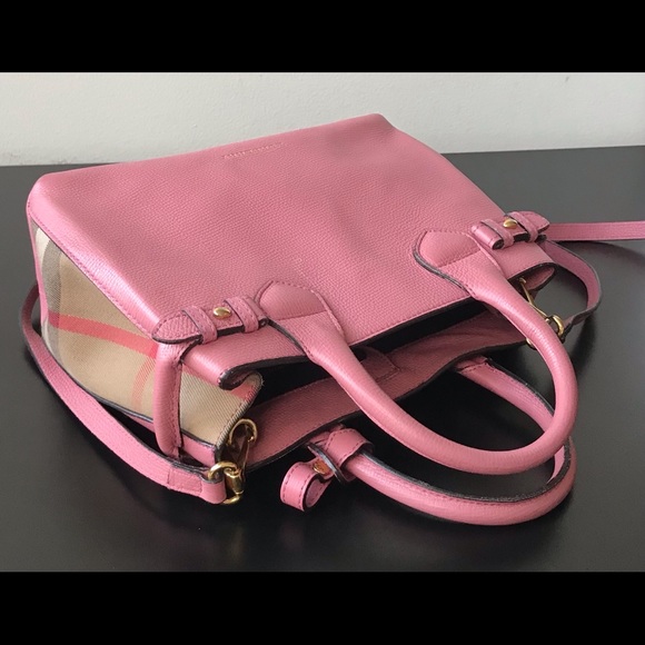 Burberry Pink House Check Leather Small Banner Top Handle Bag - Picture 5 of 6